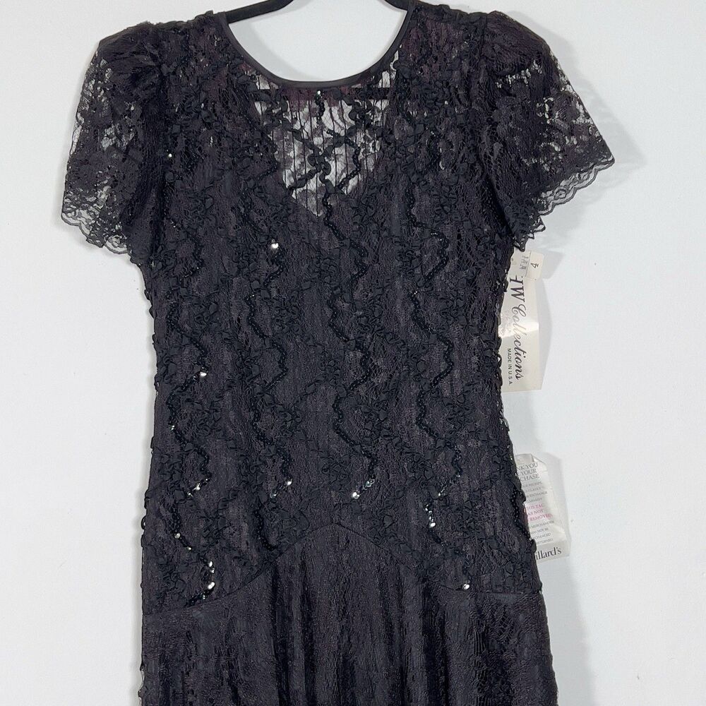 Vtg HW Collections Sequined Lace‎ Overlay Midi Dress Sz S/XS Black Scoop Back - Picture 4 of 16